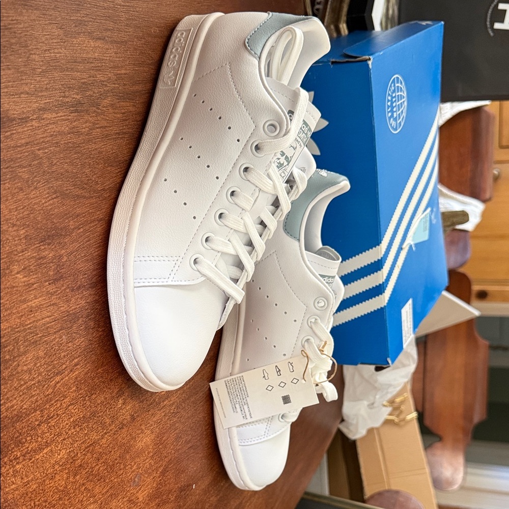 adidas Stan SmithWomen's White and Silver Dash Green Sneakers - Picture 2 of 7